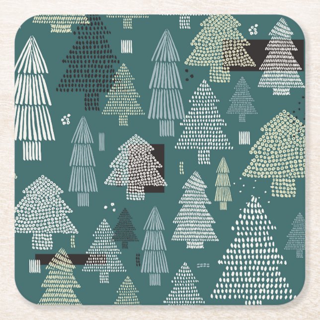Winter trees, vintage Christmas pattern. Square Paper Coaster (Front)