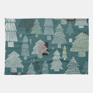 Winter trees, vintage Christmas pattern. Tea Towel