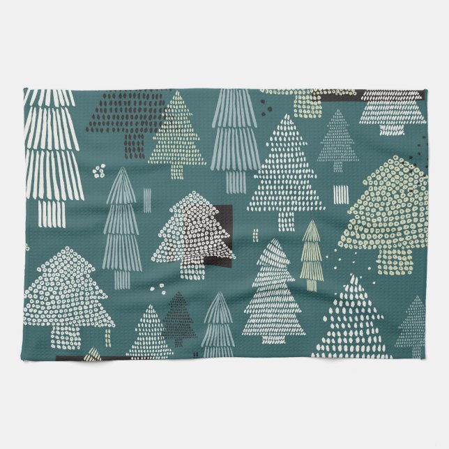 Winter trees, vintage Christmas pattern. Tea Towel (Horizontal)