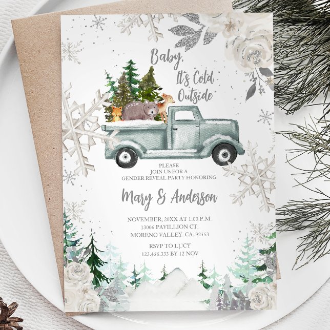 Winter Truck Animal White Floral Gender Reveal Invitation (Creator Uploaded)