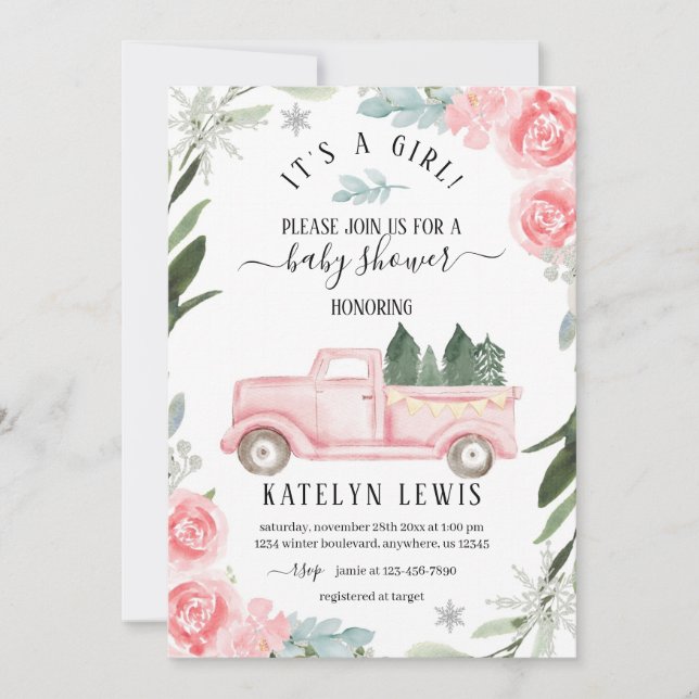 Winter Truck Baby Shower Invitation Floral (Front)