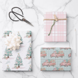 Winter Truck Tree Pink Plaid Pastel Christmas Wrapping Paper Sheet