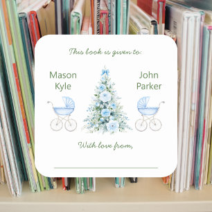 Winter twin boys Baby Shower Bookplates Square Sticker