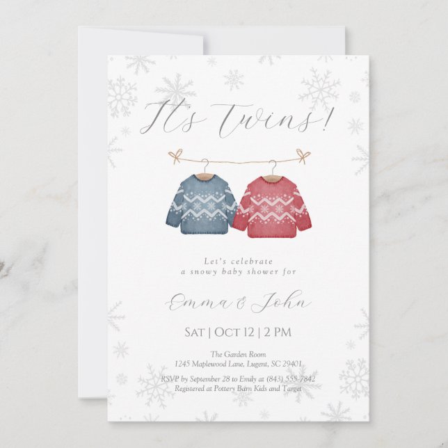 Winter Twin Brothers Baby Shower Invitation (Front)
