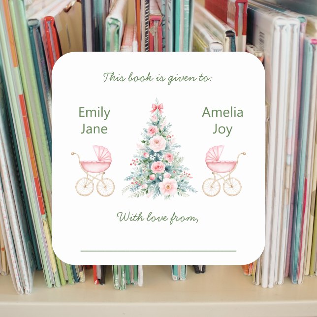 Winter twin girls Baby Shower Bookplates Square Sticker (Creator Uploaded)