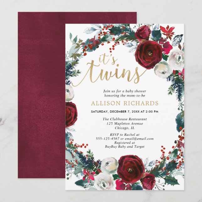 Winter twins burgundy gold christmas baby shower invitation (Front/Back)
