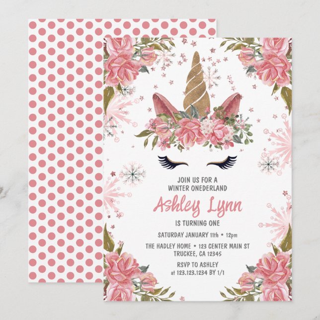 Winter Unicorn 1st Birthday Blush Pink Invitation (Front/Back)