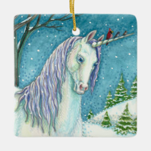 WINTER UNICORN AND BIRDS, PEACEFUL SNOW FANTASY CERAMIC ORNAMENT