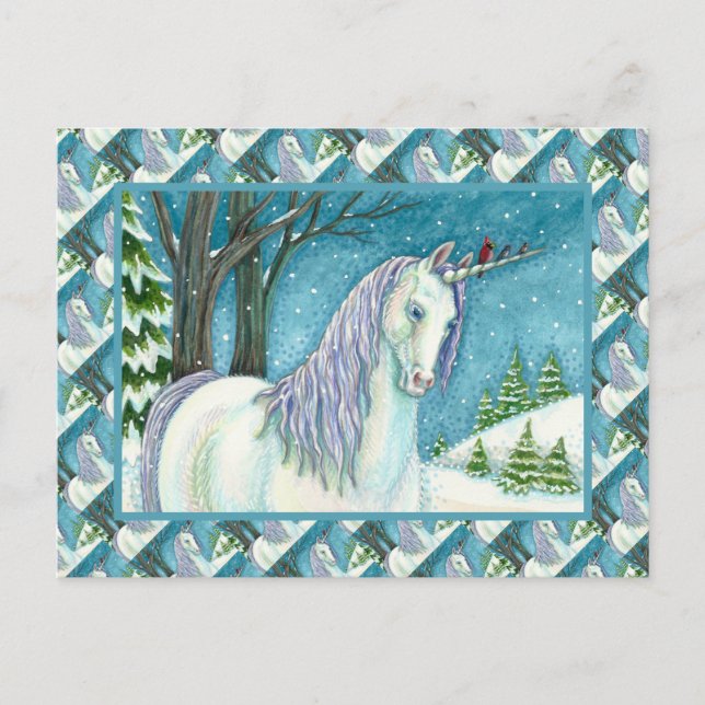 WINTER UNICORN AND BIRDS, PEACEFUL SNOW HORSE POSTCARD (Front)