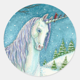 WINTER UNICORN AND BIRDS, PEACEFUL SNOW LANDSCAPE CLASSIC ROUND STICKER