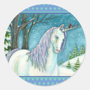 WINTER UNICORN AND BIRDS, PEACEFUL SNOW LANDSCAPE CLASSIC ROUND STICKER