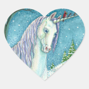 WINTER UNICORN AND BIRDS, PEACEFUL SNOW LANDSCAPE HEART STICKER