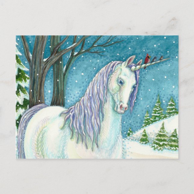 WINTER UNICORN AND BIRDS, PEACEFUL SNOW LANDSCAPE POSTCARD (Front)