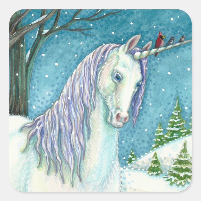 WINTER UNICORN AND BIRDS, PEACEFUL SNOW LANDSCAPE SQUARE STICKER (Front)