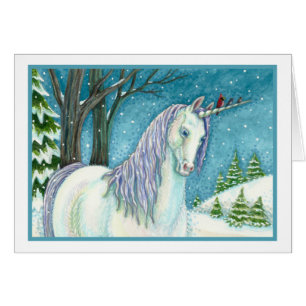 WINTER UNICORN AND BIRDS, PEACEFUL SNOW NOTE CARD