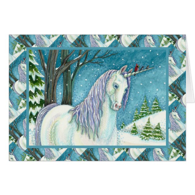 WINTER UNICORN AND BIRDS, PEACEFUL SNOW NOTE CARD (Front Horizontal)