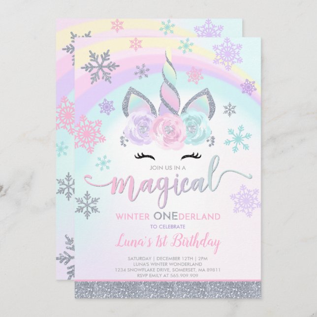 Winter Unicorn Invitation Winter ONEderland Party (Front/Back)