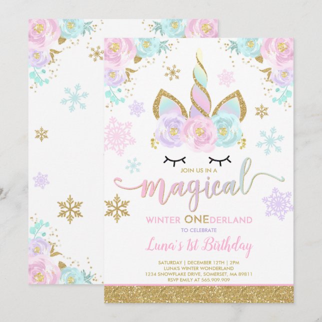 Winter Unicorn Invitation Winter ONEderland Party (Front/Back)