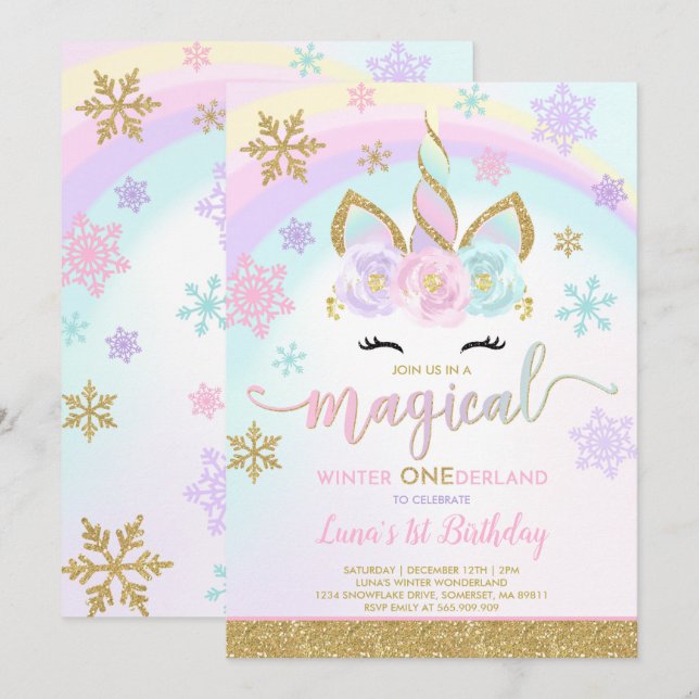 Winter Unicorn Invitation Winter ONEderland Party (Front/Back)