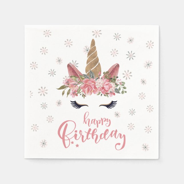 Winter Unicorn Pink Happy Birthday Napkin (Front)