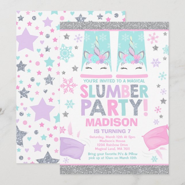 Winter Unicorn Slumber Party Invitation (Front/Back)
