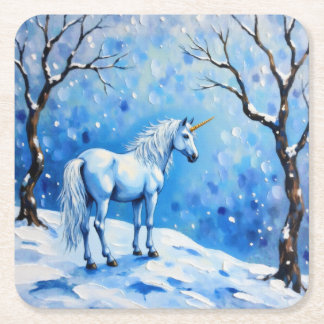 Winter Unicorn Square Paper Coaster