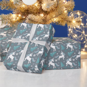 Winter Unicorns Dark Grey Pattern Wrapping Paper