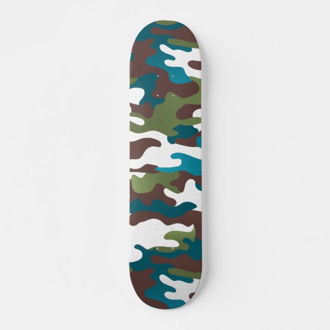 Winter Urban Camo White Brown Turquoise Skateboard (Front)
