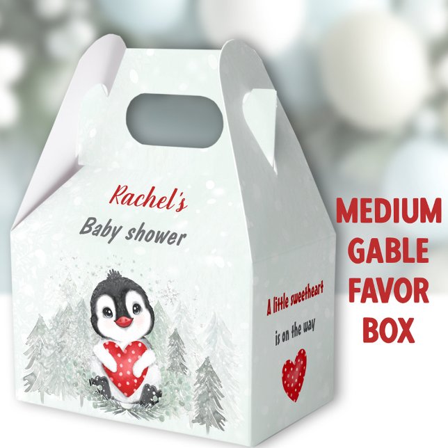 Winter Valentines Penguin Boy Baby Shower Medium Favour Box (Penguin Boy Medium Gable Favor Boxes - You can choose from 3 sizes of these gable favor boxes )