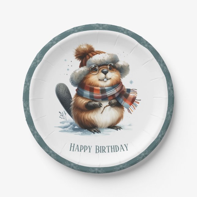 Winter Vibes Beaver - Birthday Paper Plate (Front)