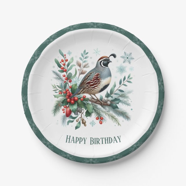 Winter Vibes California Quail - Birthday Paper Plate (Front)