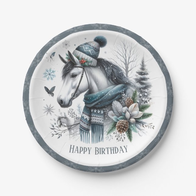 Winter Vibes Horse - Birthday Paper Plate (Front)
