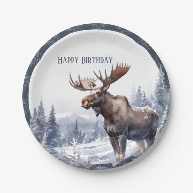 Winter Vibes Moose - Birthday Paper Plate (Front)