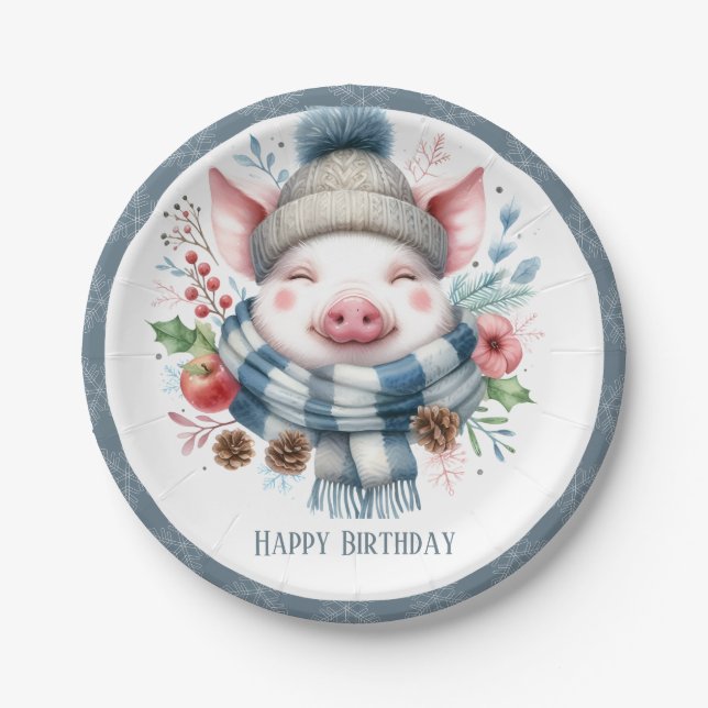 Winter Vibes Pig Scarf and Hat - Birthday Paper Plate (Front)