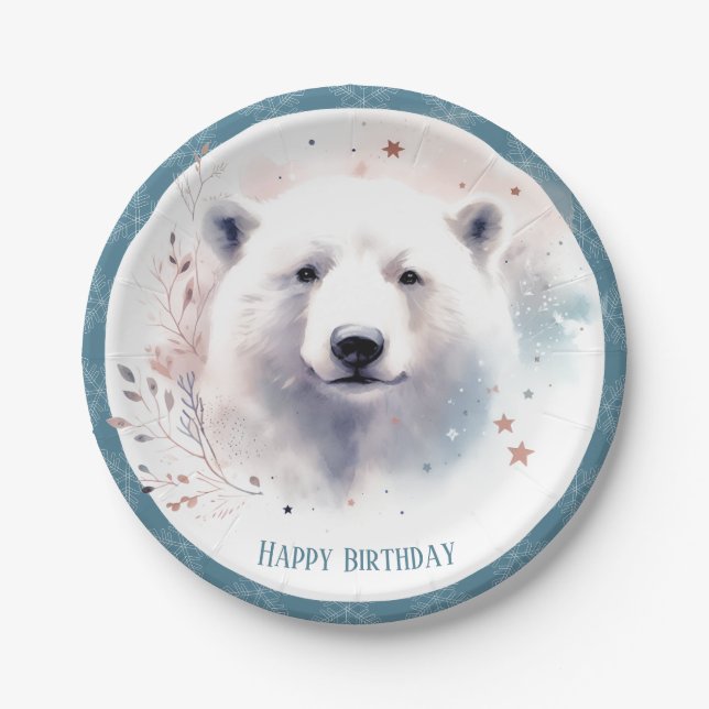 Winter Vibes Polar Bear Birthday Paper Plate (Front)
