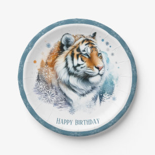 Winter Vibes Snowy Landscape Tiger Birthday Paper Plate