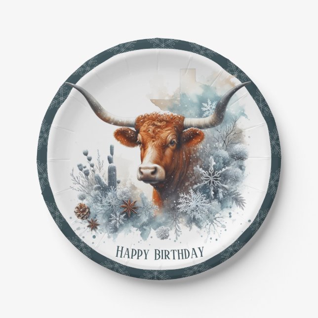 Winter Vibes Texas Longhorn Birthday Paper Plate (Front)