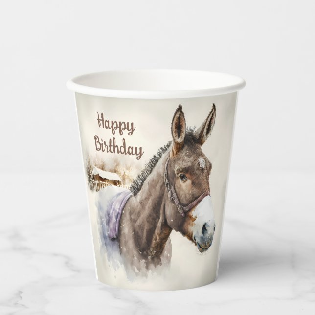 Winter vibes Watercolor Donkey -  Birthday Party - Paper Cups (Front)
