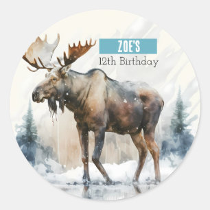 Winter Vibes Watercolor Moose -  Birthday Party - Classic Round Sticker