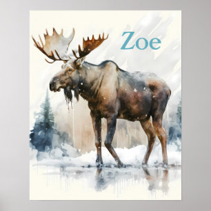 Winter Vibes Watercolor Moose - Kids Poster