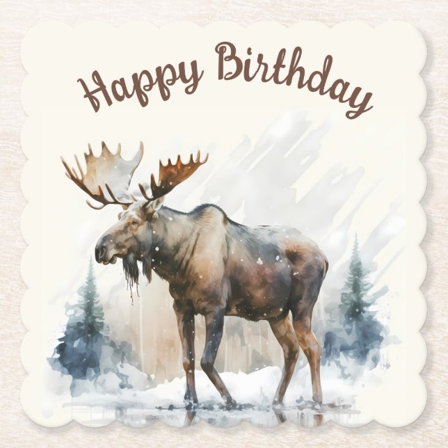 Winter vibes Watercolor Moose - Paper Coaster (Front)