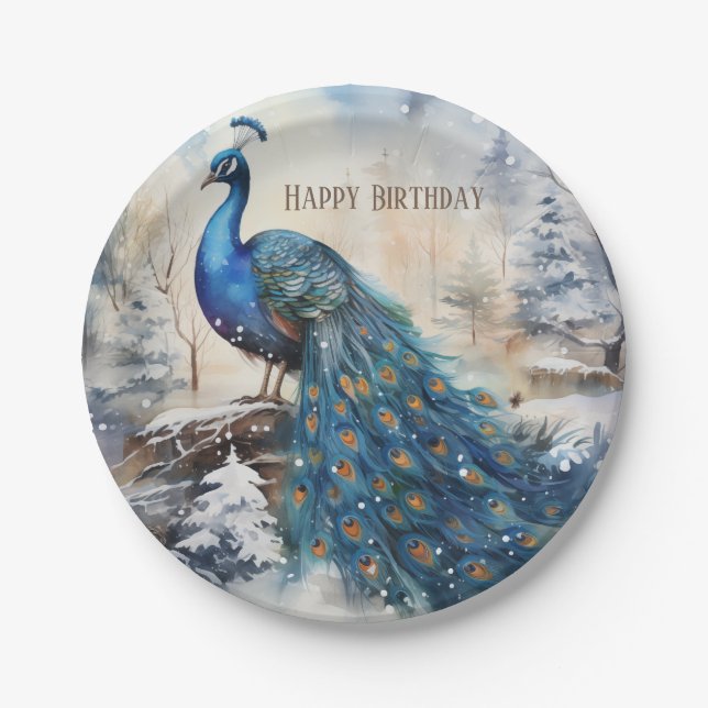 Winter Vibes Watercolor Peacock - Birthday Paper Plate (Front)
