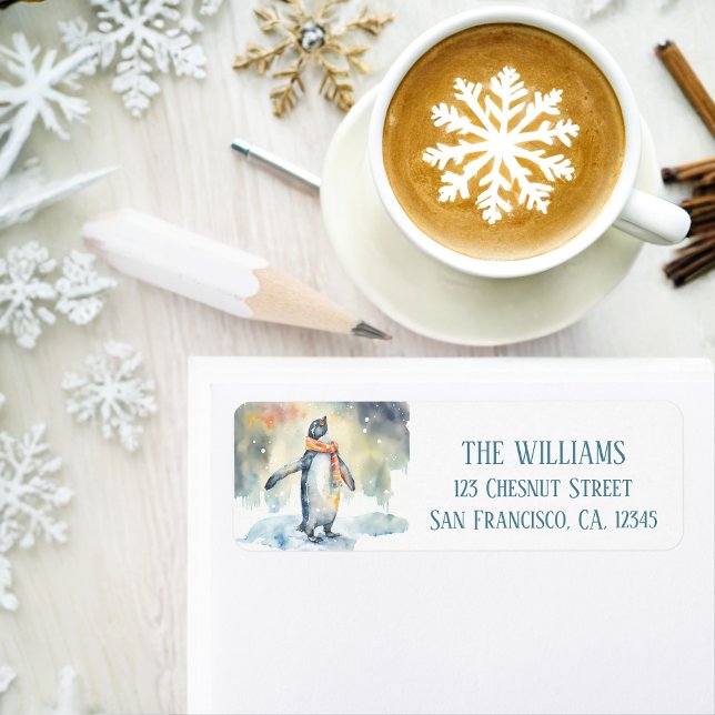 Winter Vibes Watercolor Penguin Return address  (Creator Uploaded)