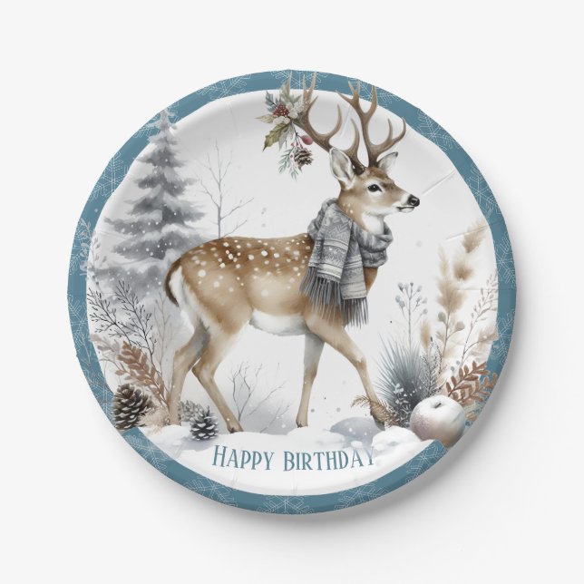 Winter Vibes White Tailed Deer Birthday Paper Plate (Front)