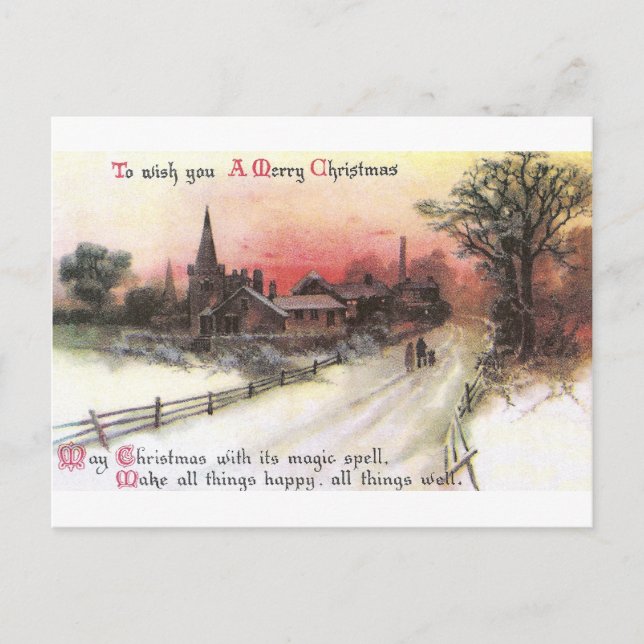 Winter Village at Sunset Vintage Christmas Holiday Postcard (Front)
