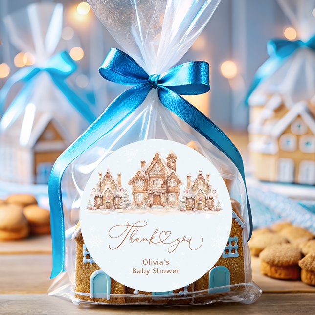 Winter Village Blue Baby Shower Thank You  Classic Round Sticker (Creator Uploaded)