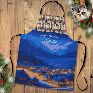 Winter Village Blue Gold Christmas Family Photo Apron