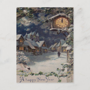 Winter Village Clock New Year Holiday Postcard