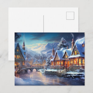 Winter Village Illustration Postcard