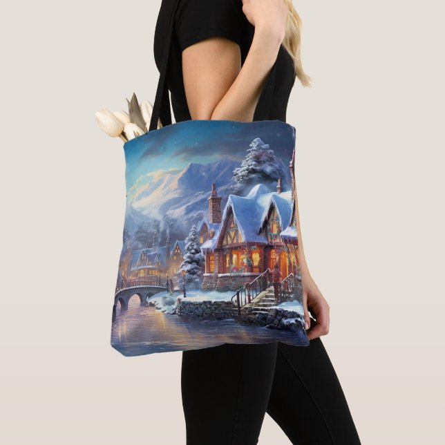 Winter Village Illustration Tote Bag (Close Up)